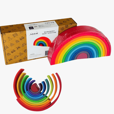 Set of colorful wooden rainbow toys with packaging on a white background