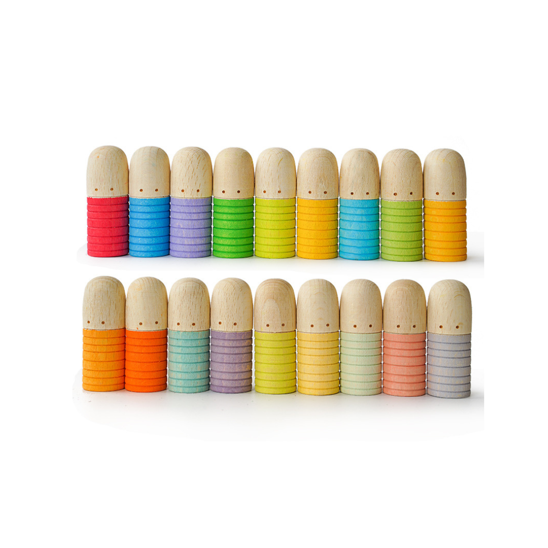 LaLaLull Pastel Wooden Rainbow Brots Stick People 18 Pcs