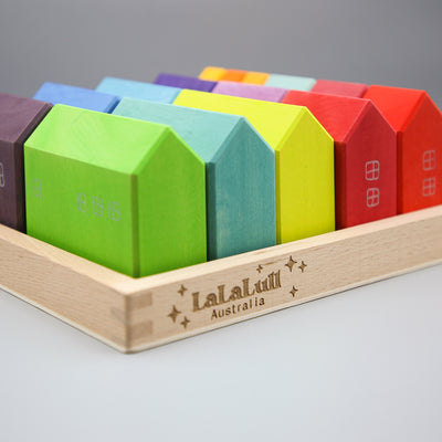 LaLaLull Wooden Rainbow House Blocks with Tray - 15 Pcs